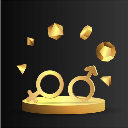 3d golden realistic gender women and man symbols, with flying geometric figures creative design of female and male metallic signs. Vector illustrationのイラスト素材