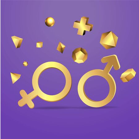 3d golden realistic gender women and man symbols, with flying geometric figures creative design of female and male metallic signs. Vector illustrationのイラスト素材