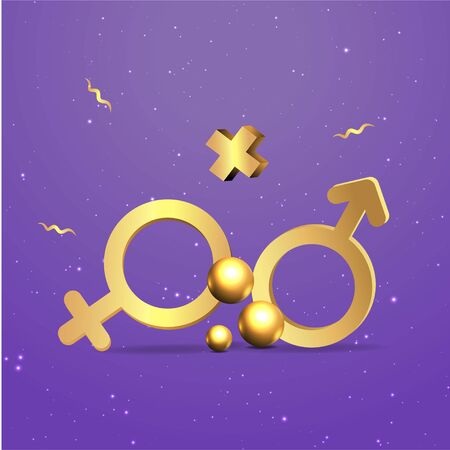 3d golden realistic gender women and man symbols, with flying geometric figures creative design of female and male metallic signs. Vector illustrationのイラスト素材