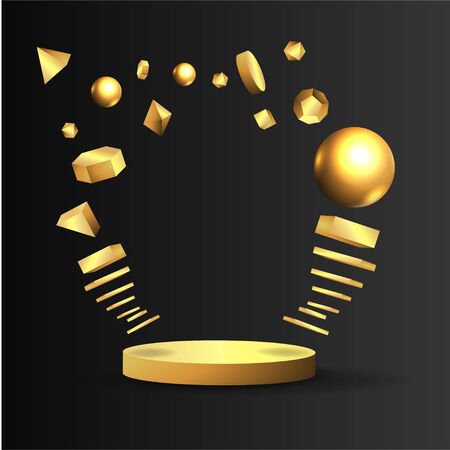 Metallic golden stage with floating geometrical forms, round platform, realistic minimal background, 3d luxury scene on black for product presentation or mockup. Vector Illustrationのイラスト素材