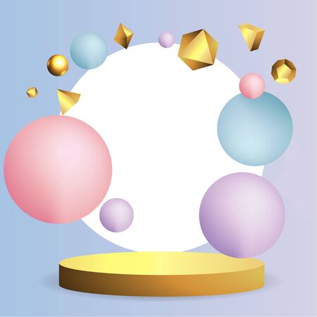Metallic golden stage with floating geometrical forms, round platform, realistic minimal background, 3d luxury scene on pink and baby blue for product presentation or mockup. Vector Illustrationのイラスト素材