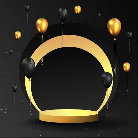Metallic golden stage with flying  balloons, round platform, realistic minimal background, 3d luxury scene on black for product presentation or mockup. Vector Illustrationのイラスト素材