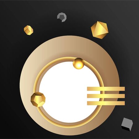 Metallic golden stage with floating geometrical forms, round platform, realistic minimal background, 3d luxury scene on beige mocha wall for product presentation or mockup. Vector Illustrationのイラスト素材