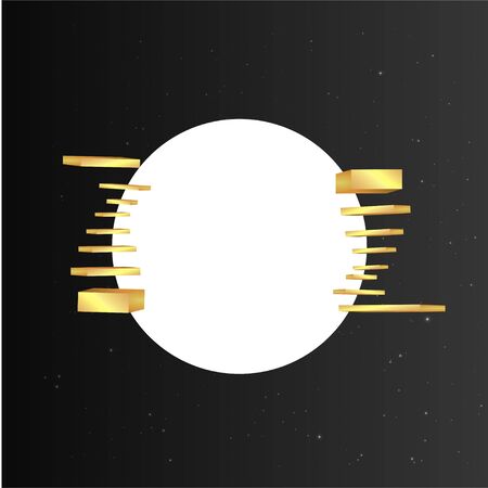 Metallic golden stage with floating geometrical forms, round platform, realistic minimal background, 3d luxury scene on black for product presentation or mockup. Vector Illustrationのイラスト素材