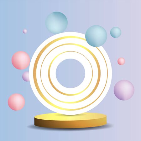 Metallic golden stage with floating geometrical forms, round platform, realistic minimal background, 3d luxury scene on pink and baby blue for product presentation or mockup. Vector Illustrationのイラスト素材
