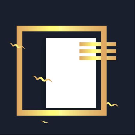 Metallic golden stage with floating geometrical forms, square with paper platform, realistic minimal background, 3d scene on black color for product presentation or mockup. Vector Illustrationのイラスト素材