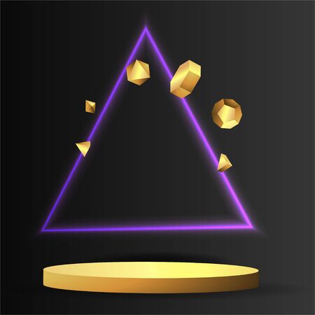 Metallic golden stage with floating geometrical forms and glow neon light, round platform, realistic minimal background, 3d luxury frame scene for product presentation or mockup. Vector Illustrationのイラスト素材