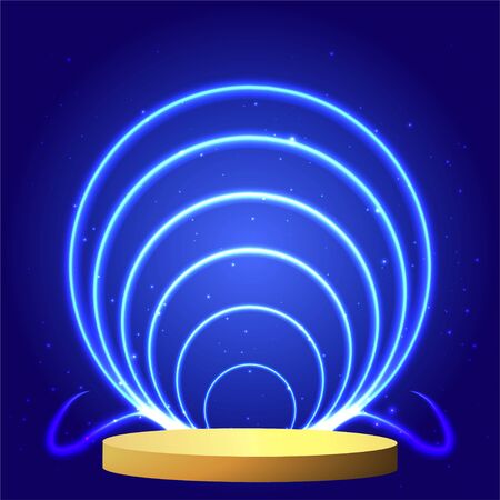 Metallic golden stage with floating geometrical forms and glow neon light, round platform, realistic minimal background, 3d luxury frame scene for product presentation or mockup. Vector Illustrationのイラスト素材