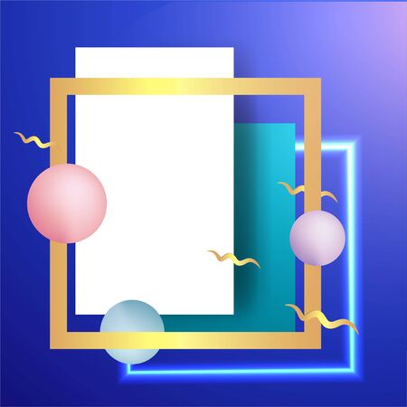 Metallic golden stage with floating geometrical forms and glow neon light, round platform, realistic minimal background, 3d luxury frame scene for product presentation or mockup. Vector Illustrationのイラスト素材