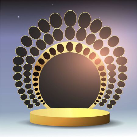 Metallic golden stage with floating geometrical forms and glow neon light, round platform, realistic minimal background, 3d luxury frame scene for product presentation or mockup. Vector Illustrationのイラスト素材