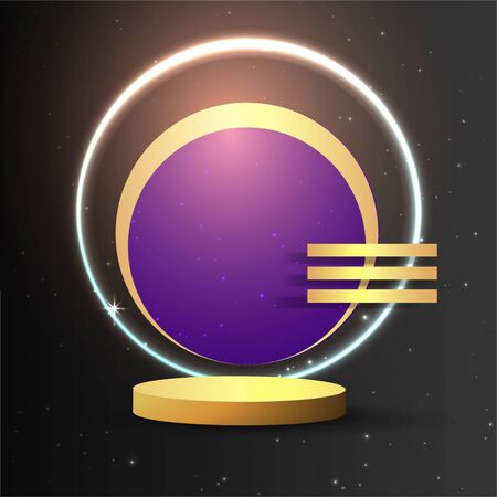 Metallic golden stage with floating geometrical forms and glow neon light, round platform, realistic minimal background, 3d luxury frame scene for product presentation or mockup. Vector Illustrationのイラスト素材