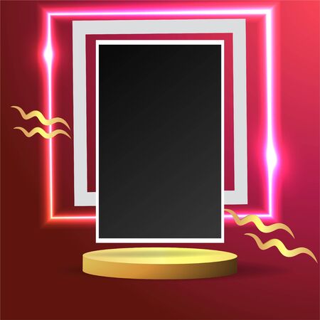 Metallic golden stage with floating geometrical forms and glow neon light, round platform, realistic minimal background, 3d luxury frame scene for product presentation or mockup. Vector Illustrationのイラスト素材