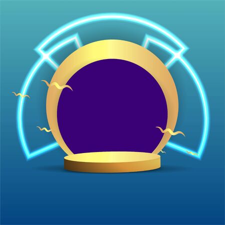 Metallic golden stage with floating geometrical forms and glow neon light, round platform, realistic minimal background, 3d luxury frame scene for product presentation or mockup. Vector Illustrationのイラスト素材