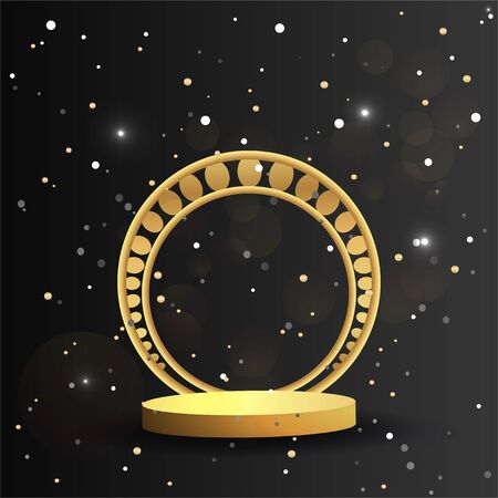 Metallic golden stage with floating geometrical forms and glow neon light, round platform, realistic minimal background, 3d luxury frame scene for product presentation or mockup. Vector Illustrationのイラスト素材