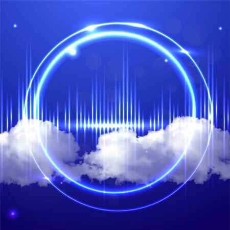 Metallic golden stage with floating geometrical forms and glow neon light, round platform, realistic minimal background, 3d luxury frame scene for product presentation or mockup. Vector Illustrationのイラスト素材