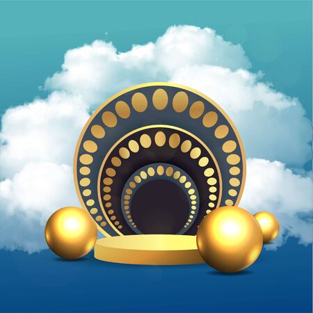 Metallic golden stage with floating geometrical forms and glow neon light, round platform, realistic minimal background, 3d luxury frame scene for product presentation or mockup. Vector Illustrationのイラスト素材