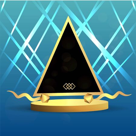 Metallic golden stage with floating geometrical forms and glow neon light, round platform, realistic minimal background, 3d luxury frame scene for product presentation or mockup. Vector Illustrationのイラスト素材