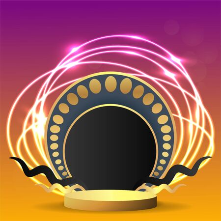 Metallic golden stage with floating geometrical forms and glow neon light, round platform, realistic minimal background, 3d luxury frame scene for product presentation or mockup. Vector Illustrationのイラスト素材