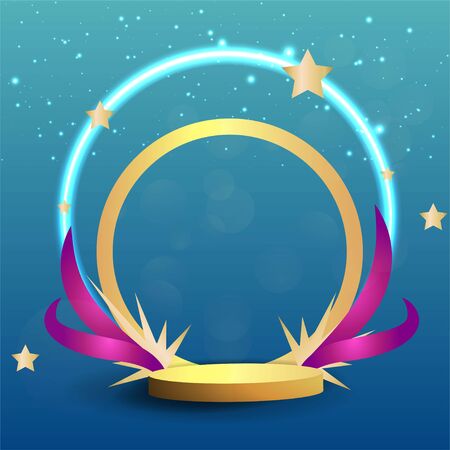 Metallic golden stage with floating geometrical forms and glow neon light, round platform, realistic minimal background, 3d luxury frame scene for product presentation or mockup. Vector Illustrationのイラスト素材