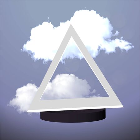 Metallic golden stage with floating geometrical forms and glow neon light, round platform, realistic minimal background, 3d luxury frame scene for product presentation or mockup. Vector Illustrationのイラスト素材