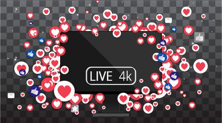 Video screen play button, Streaming preview template, 3d with likes and hearts, happy live, social media concept with media icons, chat box and , creative design, cute multimedia  vectorのイラスト素材