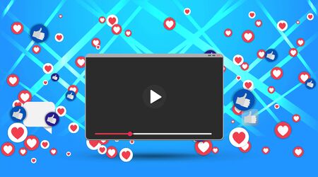 Video screen play button, Streaming preview template, 3d with likes and hearts, happy live, social media concept with media icons, chat box and , creative design, cute multimedia  vectorのイラスト素材