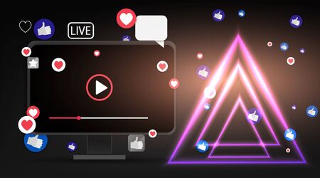 Video screen play button, Streaming preview template, 3d with likes and hearts, happy live, social media concept with media icons, chat box and , creative design, cute multimedia  vectorのイラスト素材