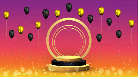 Metallic golden stage with air balloons, round platform and realistic frame minimal background, 3d scene for product presentation or mockup. Sale promo stage and podium, for winner, advertising.のイラスト素材