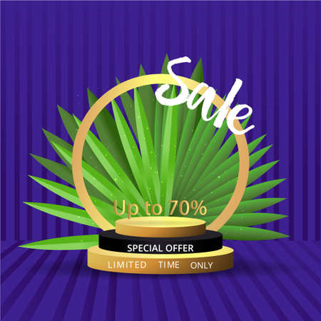 Metallic golden stage with palm leafs, realistic, round platform and realistic frame minimal background, 3d scene for product presentation or mockup. Sale promo podium, for winner, advertising.のイラスト素材