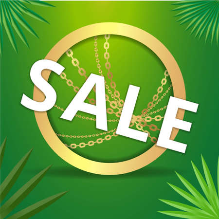 Metallic golden stage with palm leafs, realistic, round platform and realistic frame minimal background, 3d scene for product presentation or mockup. Sale promo podium, for winner, advertising.のイラスト素材