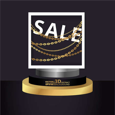 Metallic golden stage with air balloons, round platform and realistic frame minimal background, 3d scene for product presentation or mockup. Sale promo stage and podium, for winner, advertising.のイラスト素材