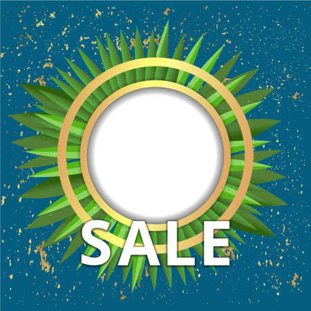 Metallic golden stage with palm leafs, realistic, round platform and realistic frame minimal background, 3d scene for product presentation or mockup. Sale promo podium, for winner, advertising.のイラスト素材