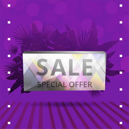 Sale banner with tropical palm leafs, trendy realistic sale background with bokeh lights, exotic special offer advertising, creative poster. Elegant inscription and lush foliage of exotic jungle tree.のイラスト素材