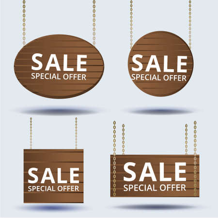 Set of woden boards, wooden signs collection, set of wooden banners with chains, old wood. Notice and information theme ribbons collection, illustration, signboards hanging on ropes, bar and saloonのイラスト素材