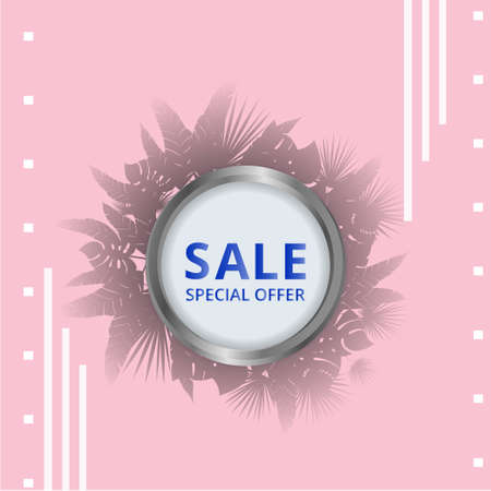 Sale banner with tropical palm leafs, trendy realistic sale background with bokeh lights, exotic special offer advertising, creative poster. Elegant inscription and lush foliage of exotic jungle tree.のイラスト素材