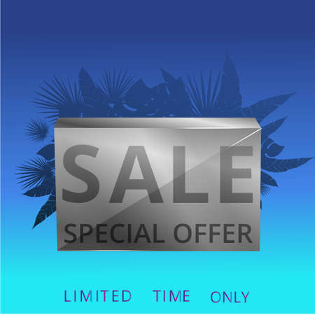 Sale banner with tropical palm leafs, trendy realistic sale background with bokeh lights, exotic special offer advertising, creative poster. Elegant inscription and lush foliage of exotic jungle tree.のイラスト素材