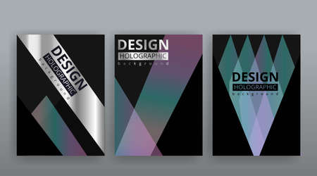 Holographic abstract page templates set, retro wave glitch creative hipster neon and pastel gradient colors. Stylish geometric glitch cover, 90s style, realistic rainbow sheen silver tape chrome vinylのイラスト素材