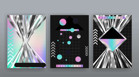 Holographic abstract page templates set, retro wave glitch creative hipster neon and pastel gradient colors. Stylish geometric glitch cover, 90s style, realistic rainbow sheen silver tape chrome vinylのイラスト素材