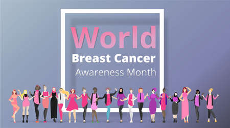 October Breast cancer Awareness month with pink ribbon poster design.many ladies standing together,...