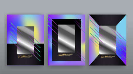 Holographic abstract page templates set retro wave glitch creative hipster, neon and pastel gradient colors. Stylish geometric glitch cover, 90s style, realistic rainbow sheen silver chrome vinylのイラスト素材