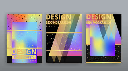 Holographic abstract page templates set retro wave glitch creative hipster, neon and pastel gradient colors. Stylish geometric glitch cover, 90s style, realistic rainbow sheen silver chrome vinylのイラスト素材