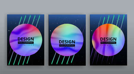 Abstract page templates set, retro wave creative hipster, neon and gradient colors. Stylish geometric creative futuristic cover, 90s style, realistic rainbow sheen, banners set, fluid modern designのイラスト素材