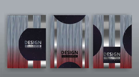 Holographic abstract page templates set retro wave glitch creative hipster, neon and pastel gradient colors. Stylish geometric glitch cover, 90s style, realistic rainbow sheen silver chrome vinylのイラスト素材