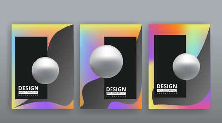 Holographic abstract page templates set retro wave glitch creative hipster, neon and pastel gradient colors. Stylish geometric glitch cover, 90s style, realistic rainbow sheen silver chrome vinylのイラスト素材