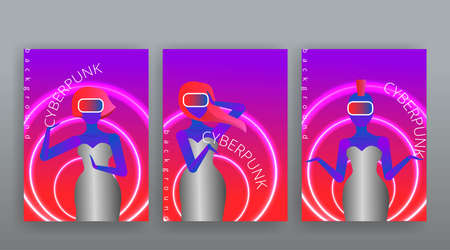 Cyberpunk girls on page, retro futuristic woman night club design flyer, neon and chrome tape vinyl color vector illustration, cyber conceptのイラスト素材