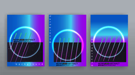 Abstract page templates set, retro wave creative hipster, neon and gradient colors. Stylish geometric creative futuristic cover, 90s style, realistic rainbow sheen, banners set, fluid modern designのイラスト素材