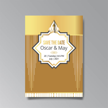 Art Deco, Arabic wedding invitation, golden, white light beige luxury elegant retro style. Save the date poster, geometric middle east greeting card invite. Modern abstract vector illustration designのイラスト素材