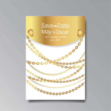 Art Deco with chains invitation, golden, white light beige luxury elegant retro style. Save the date poster, geometric greeting card invite. Modern abstract vector illustration design and bokehのイラスト素材