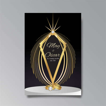Art Deco, Art Nuevo wedding invitation, golden, white light beige luxury elegant retro style. Save the date poster, geometric greeting card invite. Modern abstract vector illustration design, menuのイラスト素材