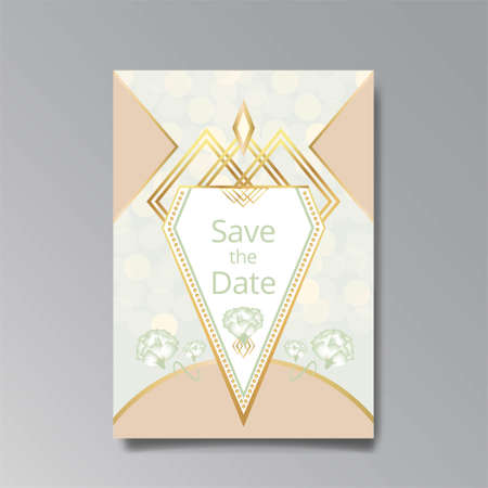 Art Deco, Art Nuevo wedding invitation, golden white luxury elegant retro style. Save the date poster, geometric greeting card invite. Modern abstract elements vector illustration design, menu, coverのイラスト素材